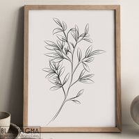 Mockup de l'affiche line art minimaliste en noir et blanc d'une branche d'olivier.