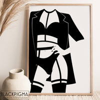 Mockup de présentation de l'affiche en noir et blanc Lily, illustration d'une femme sexy en lingerie.