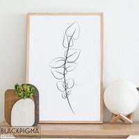 Mockup de l'affiche en noir et blanc line art d'une branche d'eucalyptus.