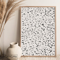 Mockup affiche en noir et blanc minimaliste, ballet aérien, vol d'oiseaux.