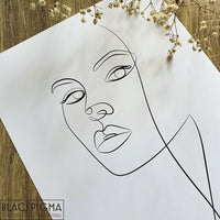 details sur le visage de June, une illustration en line art d'un visage de femme dans une affiche minimaliste en noir et blanc