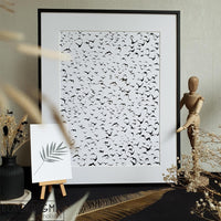 Encadrement avec passe-partout de l'affiche en noir et blanc minimaliste : Vol d'oiseaux.