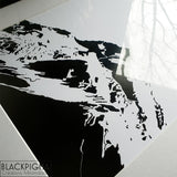 Reflet sur le cadre de l'illustration d'une affiche en noir et blanc d'une montagne.