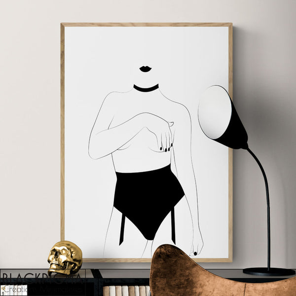 Mockup affiche Meryl, illustration d'une femme de face, en lingerie noire sexy.