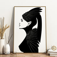 mockup affiche minimaliste, creature mythologique noir et blanc, femme oiseau.